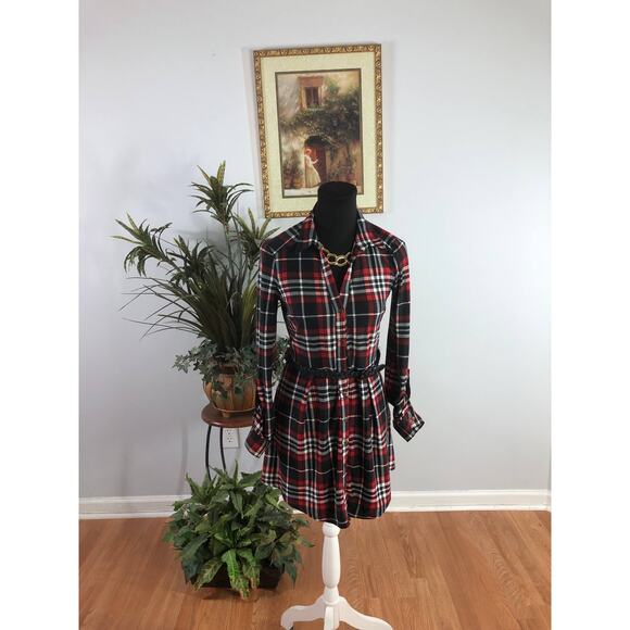 Derek Heart Shirt Dress Women Small Red Black Plaid Long Sleeve Stretch Casual - Picture 6 of 11
